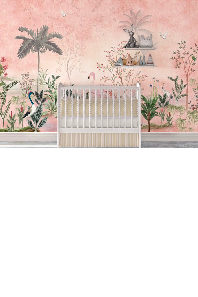 The 'Imperial Garden' wallpaper captures the tranquility of a serene garden with pink flamingos and blooming branches, perfect for creating a peaceful and elegant ambiance.