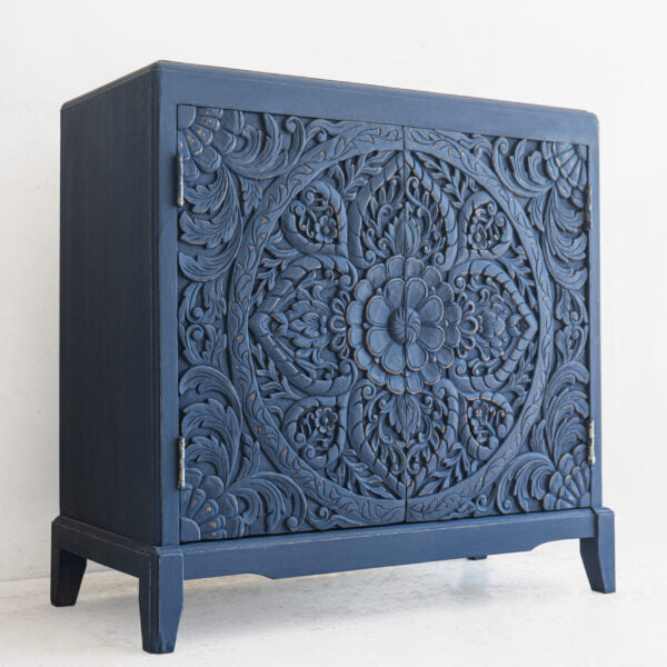 Entryway Cabinet Indigo Blue Wood Carving