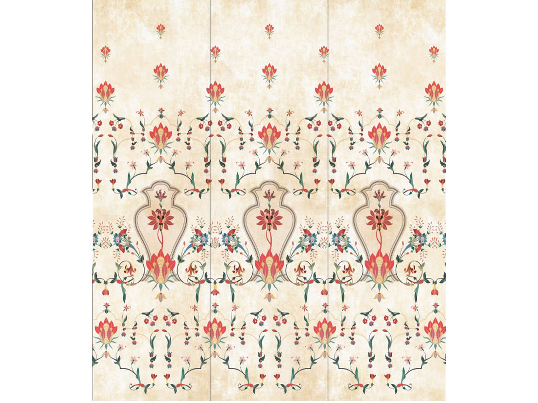 Wallpaper with 'Parchinkari' design featuring symmetrical floral inlay patterns against a soft background, exuding classic sophistication and artisanal charm.