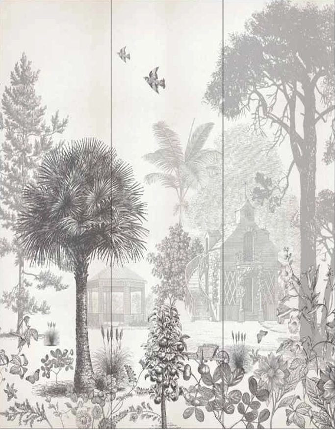 Monochrome 'Vintage Garden' wallpaper, with detailed depictions of palm trees, plants, and Victorian-style gazebos, offering a touch of nostalgic elegance.