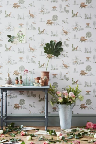 Whimsical 'Classic Dino' wallpaper with delightful dinosaur sketches in a natural setting, ideal for creating an imaginative and playful nursery or children's room.