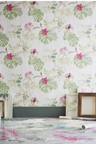 Wallpaper from the 'Spring Wild Rain Collection' capturing the fresh beauty of spring florals on a white rustic background, reminiscent of a garden after a rain shower.