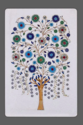 Handcrafted inlay panel with a colorful and intricate tree design, showcasing the finesse of traditional inlay art for luxurious wall decor.