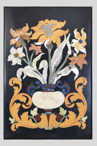 Decorative inlay wall panel with a rich floral design set against a dark background, a statement piece for refined interior aesthetics.