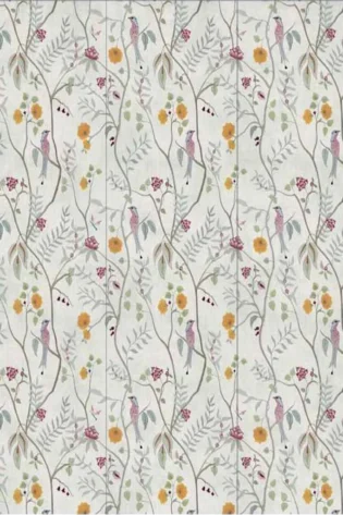 Wallpaper called 'Birdsong' with a pattern of delicate birds and colorful florals, evoking the cheerful essence of a springtime garden in song.