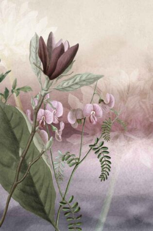 Dusk Blooms' wallpaper showcasing gentle pink and purple flowers against a dusky backdrop, adding a touch of understated elegance to the interior design.