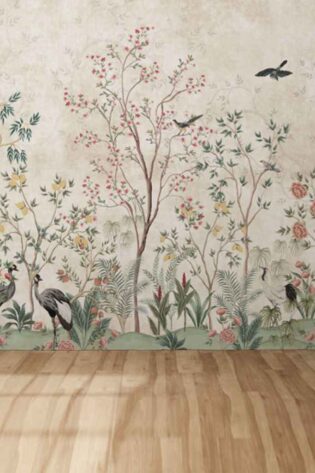 Enchante' wallpaper featuring a delicate and sophisticated garden scene with various birds amongst blooming florals, embodying the enchantment of nature in interior design.