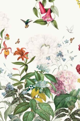 Flower Power’ wallpaper featuring a bright array of flowers and butterflies, creating a dynamic and cheerful botanical display on the wall.