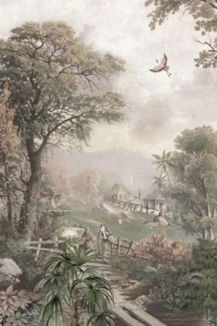Wallpaper named 'Brushwood' featuring a misty pastoral scene with trees and traditional cottages, evoking a sense of peaceful, rural life