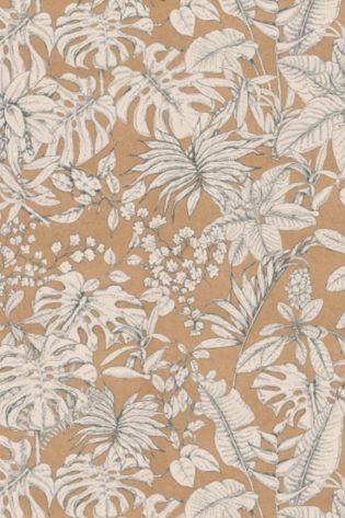 Wallpaper from 'Krafty Tales - Botanica' collection, showcasing white botanical prints on a natural kraft paper background for a simple yet sophisticated look.
