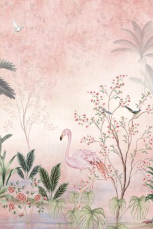 The 'Imperial Garden' wallpaper captures the tranquility of a serene garden with pink flamingos and blooming branches, perfect for creating a peaceful and elegant ambiance.