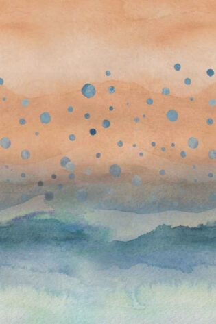 Watercolor wallpaper named 'Misty Horizon' featuring a soothing blend of earth tones with floating blue dots, invoking the tranquility of a hazy landscape at dawn.