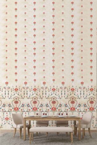 Wallpaper with 'Parchinkari' design featuring symmetrical floral inlay patterns against a soft background, exuding classic sophistication and artisanal charm.