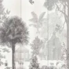 Monochrome 'Vintage Garden' wallpaper, with detailed depictions of palm trees, plants, and Victorian-style gazebos, offering a touch of nostalgic elegance.