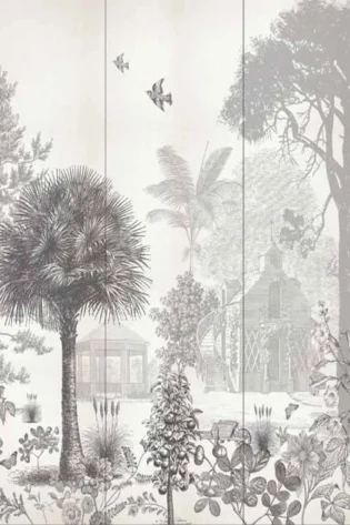 Monochrome 'Vintage Garden' wallpaper, with detailed depictions of palm trees, plants, and Victorian-style gazebos, offering a touch of nostalgic elegance.