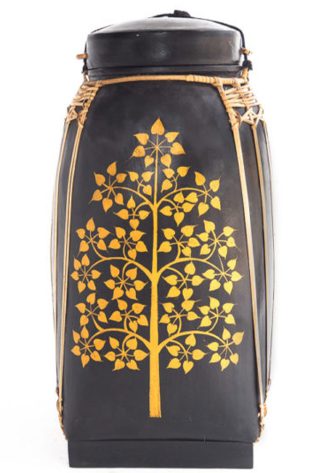 Artistically painted Golden Bodhi Tree on traditional Thai rice baskets, known as Kong Khao Dok, offering a fusion of utility and spiritual elegance.