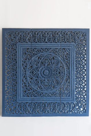 Exquisite Coastal Queen Headboard with intricate carvings in a distressed blue finish, echoing the calm of ocean waves and the elegance of coastal decor.