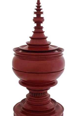 Deep red Traditional Food Offering Vessel, featuring tiered lacquer design, used for cultural ceremonies and as a meaningful home decor piece.