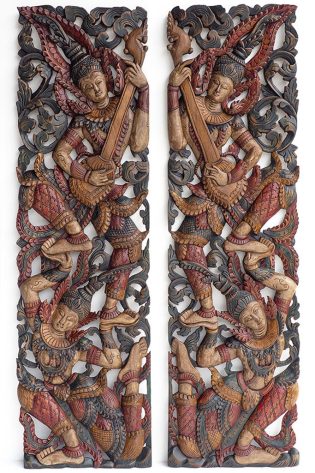 Dual Asian Antique Apsara wall panels featuring detailed traditional carvings, colored in rich earthy tones, perfect for adding historical depth and interest to any room.
