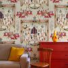 Coliseum-themed wallpaper with animated depictions of ancient festivities, complementing the vivid colors of a room with eclectic decor.