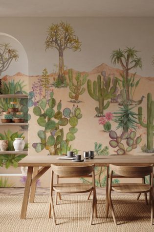 Desert Sand wallpaper infusing a dining room with the warmth and tranquility of a desert landscape, complete with diverse cacti and desert flora.