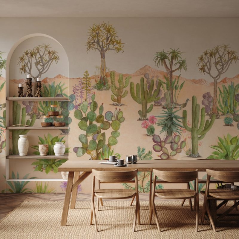 Desert Sand wallpaper infusing a dining room with the warmth and tranquility of a desert landscape, complete with diverse cacti and desert flora.