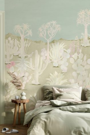 Desert Green Sand wallpaper adds a subtle, nature-inspired ambiance to a bedroom, with its delicate depiction of desert plants and sandy tones.