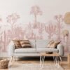 Wallpaper with a 'Desert Pink' theme, showcasing a variety of cacti and desert trees in soft hues, complementing the minimalist and natural decor of the room.