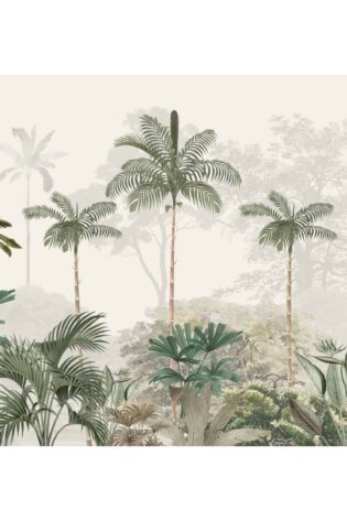 Kovalam Paradise' wallpaper illustrating a dense tropical forest with tall palm trees, offering a serene and exotic ambiance to the space.