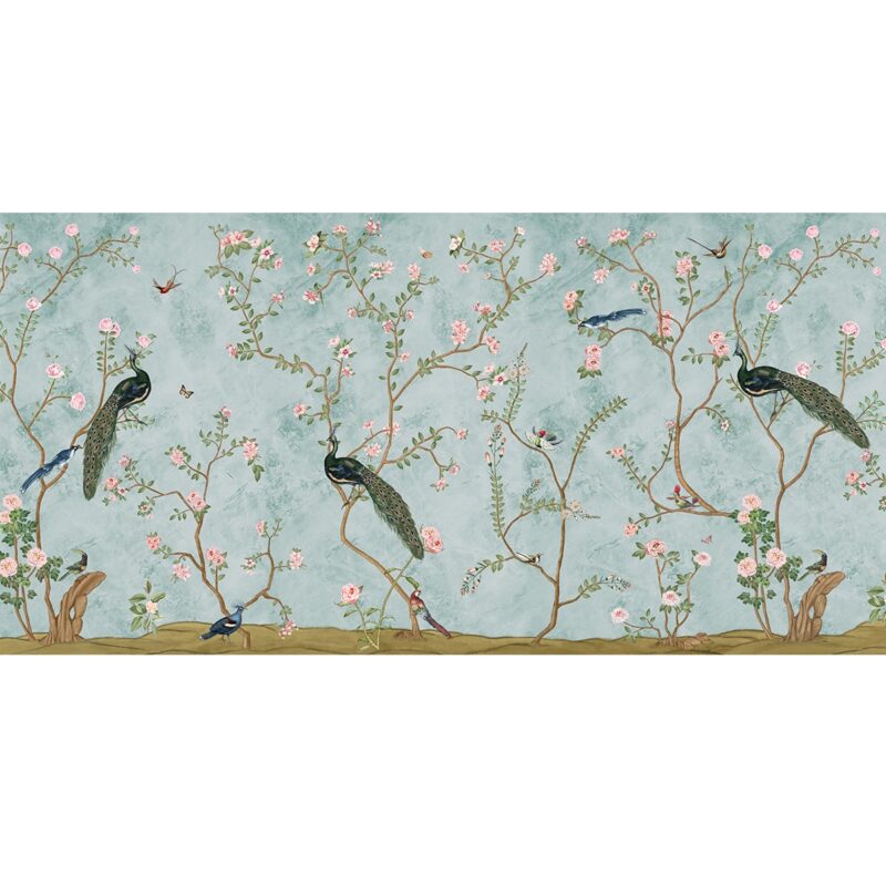 Elegant Bagiya Peacock Chinoiserie wallpaper with intricate branches and blooming flowers, inhabited by majestic peacocks, creating an opulent nature-inspired scene.