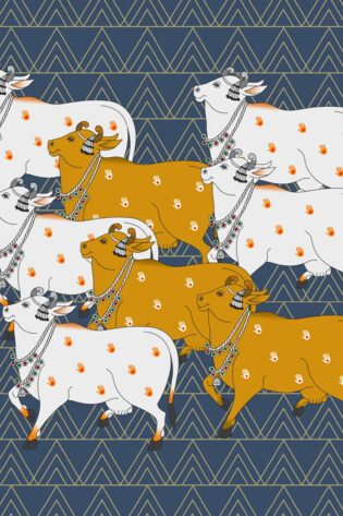 Artistic blue Pichwai wallpaper featuring a pattern of sacred cows in a traditional Indian design, adding a cultural and vibrant touch to wall decor.