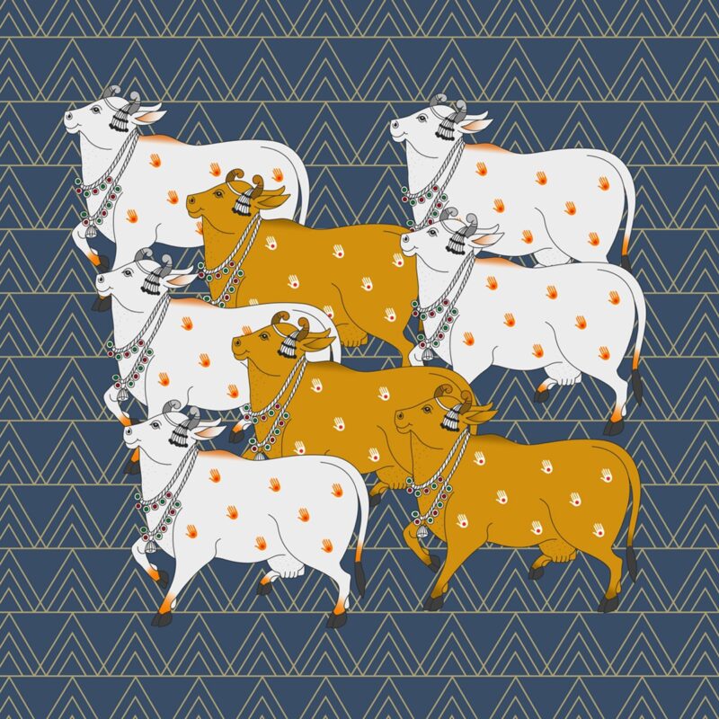 Artistic blue Pichwai wallpaper featuring a pattern of sacred cows in a traditional Indian design, adding a cultural and vibrant touch to wall decor.