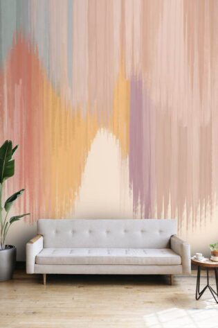Wallpaper with abstract paint strokes in a palette of warm and pastel hues, offering a contemporary and artistic flair to the living room environment.
