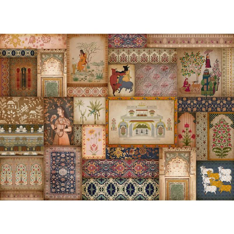 Kahani’ wallpaper, a vibrant collage of traditional Indian art depicting various cultural and historical scenes, perfect for creating an evocative and storytelling ambiance.