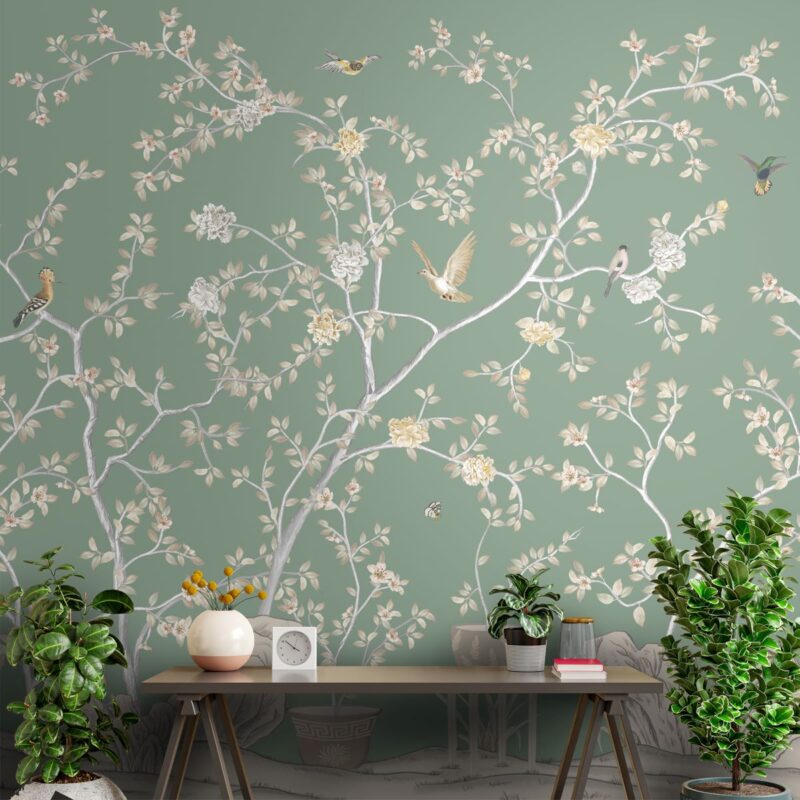 Wall adorned with Phoolbagh wallpaper, displaying a graceful floral pattern on a soft green background, evoking the charm of a peaceful botanical garden.