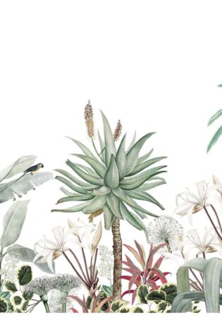 Wallpaper portraying 'A Story by the Garden' with lifelike botanical illustrations, inviting a sense of tranquility and lushness to the interior.