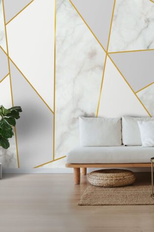 Modern wallpaper featuring a gold stripes marble pattern, adding a luxurious and elegant touch to a minimalist living room setup.