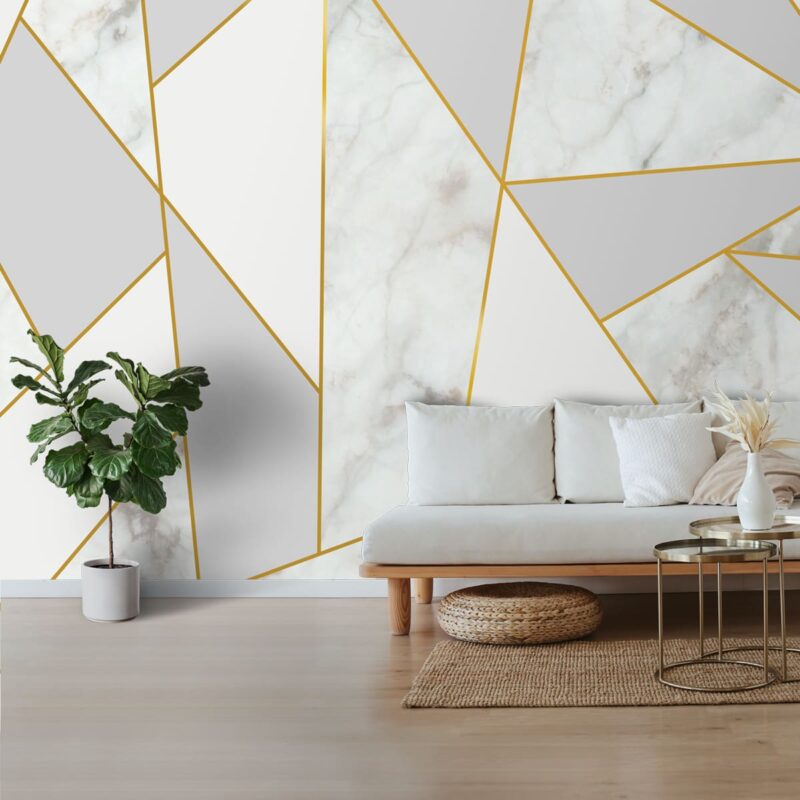 Modern wallpaper featuring a gold stripes marble pattern, adding a luxurious and elegant touch to a minimalist living room setup.