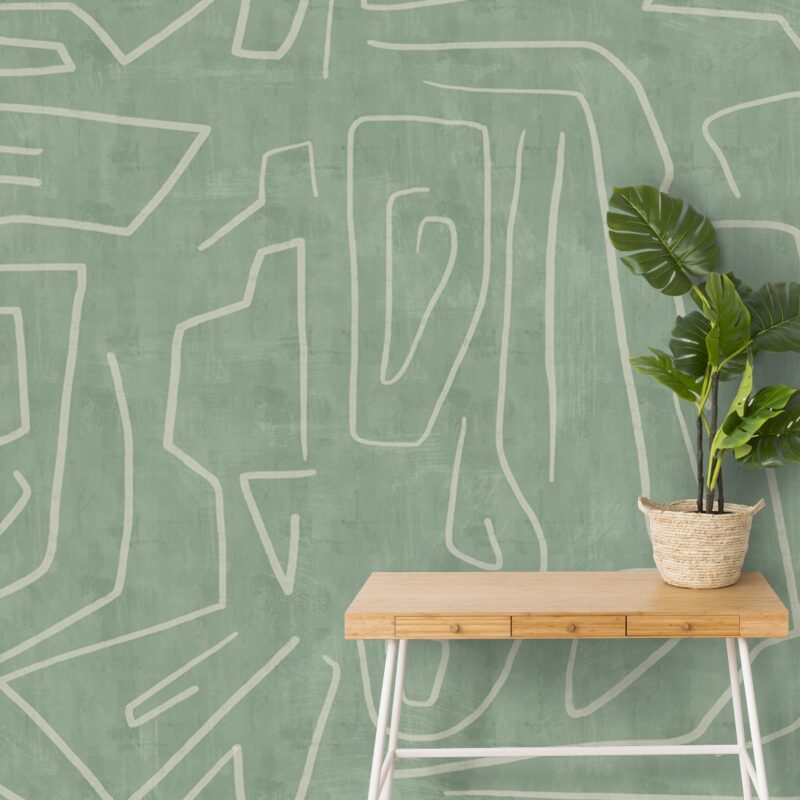 Wallpaper with abstract, linear designs in a calming green shade, creating an invigorating backdrop for a simple wooden bench and lush houseplant.