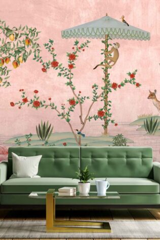 Pastel pink Gulbiya wallpaper gracing the walls of a stylish living area, populated with imagery of deer, monkeys, and flora, creating a tranquil and exotic atmosphere.