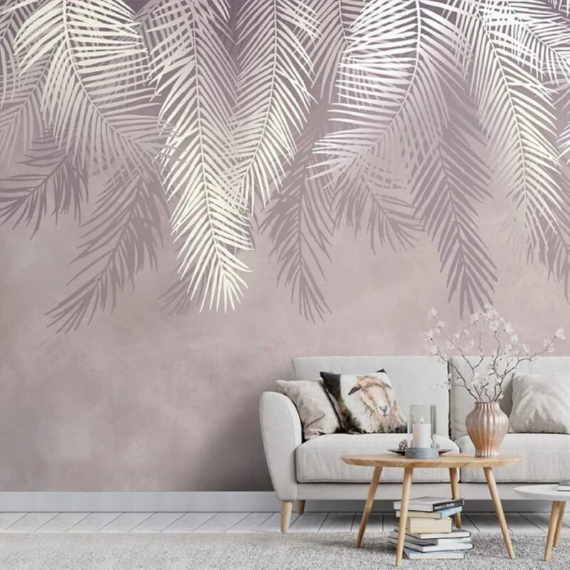 Chic and serene living room accented by Hanging Tropical Leaves wallpaper, with silhouettes of palm fronds creating a calm and elegant botanical atmosphere.