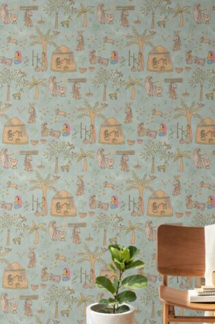 Artistic Sujani Art wallpaper displaying traditional Mithila-Sujani scenes in pastel hues, infusing the room with cultural elegance and a touch of folklore.