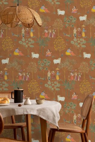 Wallpaper featuring Radha and Krishna in serene moments, set against a rustic background, symbolizing love and pastoral tranquility in a warm, inviting dining space.