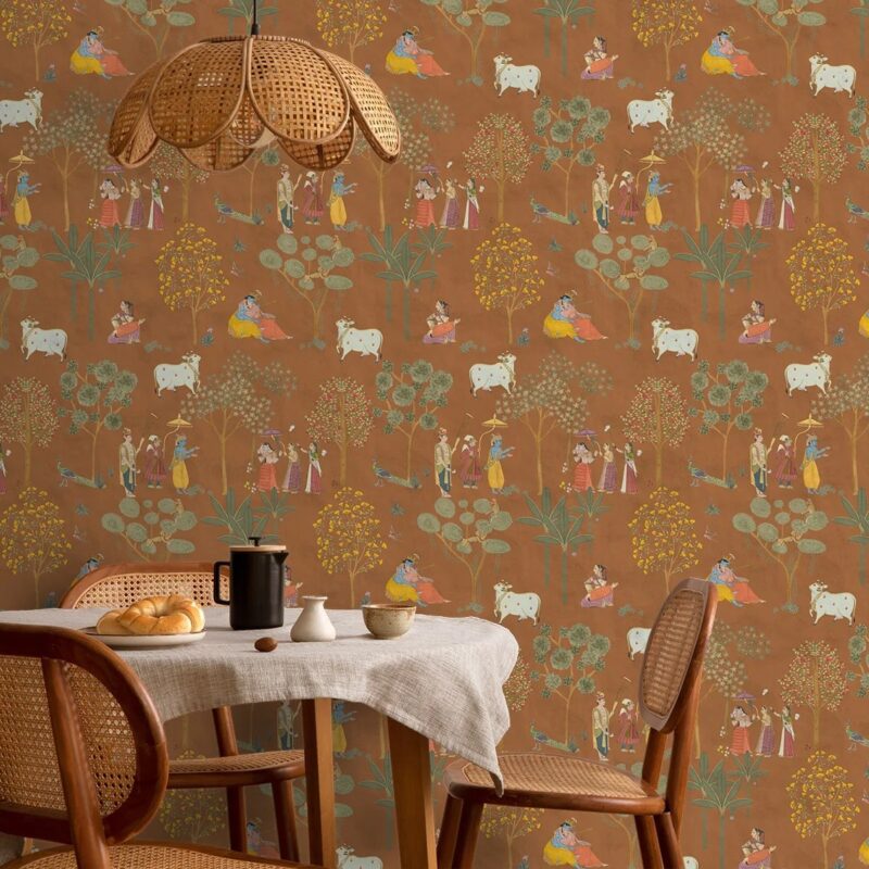 Wallpaper featuring Radha and Krishna in serene moments, set against a rustic background, symbolizing love and pastoral tranquility in a warm, inviting dining space.